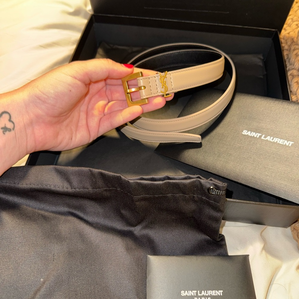 Yves Saint Laurent Beige Leather Belt with Gold YSL Buckle